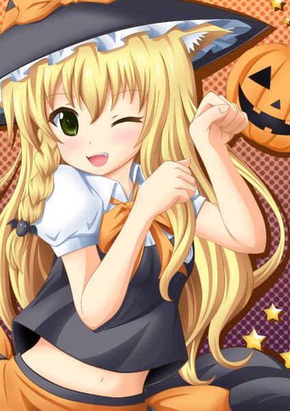 Anime picture 1024x1450 with touhou kirisame marisa neats (artist) single long hair tall image open mouth blonde hair green eyes animal ears one eye closed wink girl star (symbol) star (stars) witch hat vegetables pumpkin