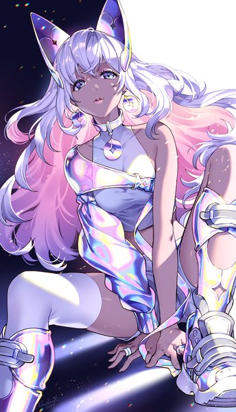 Anime picture 1102x1920 with original nardack single long hair tall image looking at viewer fringe open mouth blue eyes hair between eyes sitting signed pink hair silver hair bent knee (knees) multicolored hair two-tone hair spread legs dark skin colored inner hair