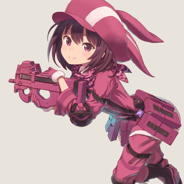 Anime picture 2500x2500 with sword art online sword art online alternative: gun gale online a-1 pictures llenn (sao) buntan single looking at viewer blush fringe highres short hair simple background smile hair between eyes brown hair holding pink eyes grey background girl gloves