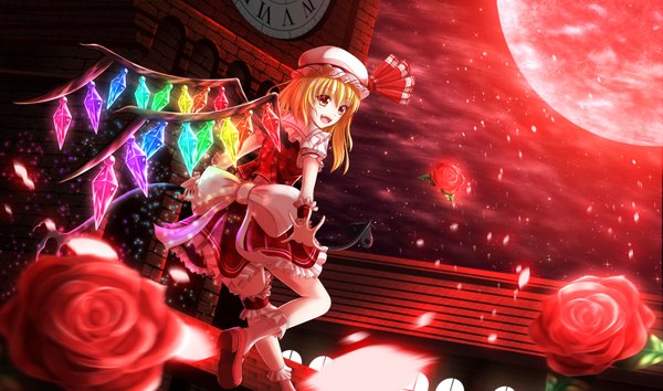 Anime picture 2014x1190 with touhou flandre scarlet ddfftasogare single highres short hair open mouth blonde hair red eyes wide image red moon girl dress flower (flowers) petals wings socks frills rose (roses) moon
