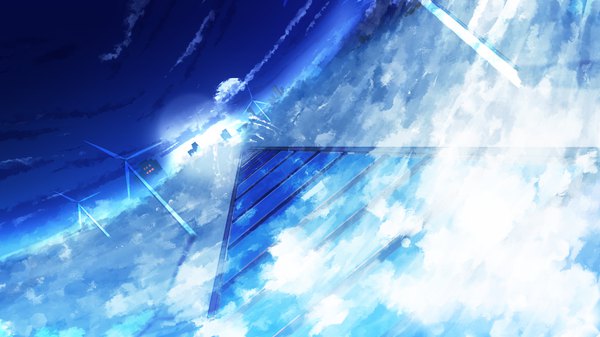 Anime picture 1920x1080 with original y y (ysk ygc) highres wide image cloud (clouds) night night sky city lights building (buildings) moon full moon railways railroad tracks wind turbine