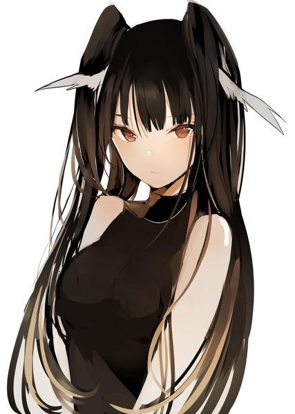 Anime picture 650x914 with original lpip single long hair tall image looking at viewer blush fringe black hair simple background white background twintails bare shoulders brown eyes upper body sleeveless portrait head wings girl wings