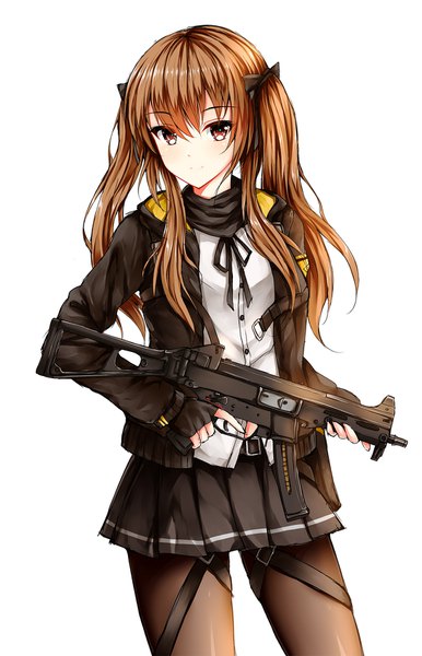Anime-Bild 1160x1800 mit girls frontline ump9 (girls frontline) wsman single long hair tall image looking at viewer fringe simple background hair between eyes brown hair white background holding brown eyes payot long sleeves pleated skirt open clothes open jacket girl