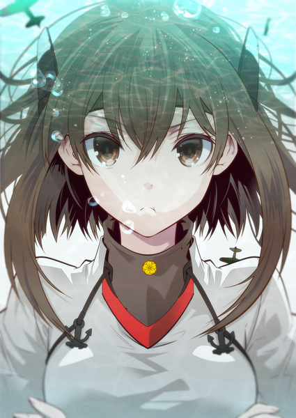Anime picture 1074x1517 with kantai collection taihou armored aircraft carrier kuso bba single tall image looking at viewer short hair brown hair brown eyes close-up underwater >:( girl water bubble (bubbles) aircraft airplane