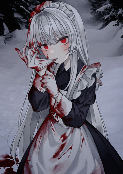 Anime picture 1416x2006 with original karou (lhscck302) single long hair tall image looking at viewer blush fringe red eyes standing white hair blunt bangs long sleeves head tilt maid snow blood on face bloody clothes blood stains glove biting