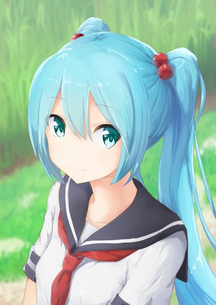 Anime picture 1653x2338 with vocaloid hatsune miku abmayo single long hair tall image looking at viewer blush fringe smile hair between eyes twintails payot upper body outdoors aqua eyes from above blurry aqua hair girl