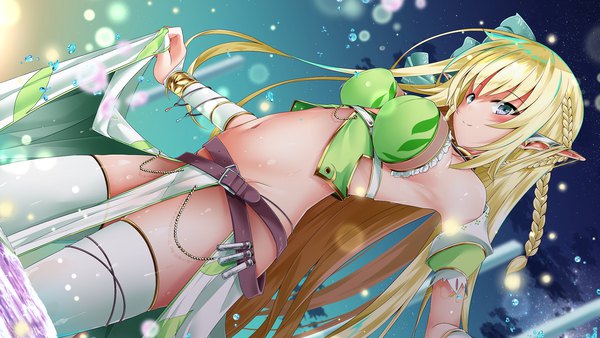 Anime-Bild 2048x1152 mit original shirosuzu single long hair looking at viewer blush fringe highres breasts light erotic blonde hair smile wide image holding payot outdoors braid (braids) pointy ears night from below
