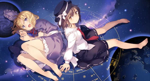 Anime picture 1283x700 with touhou usami renko maribel hearn rie (reverie) blush short hair open mouth blonde hair brown hair wide image purple eyes multiple girls brown eyes barefoot legs girl dress 2 girls hat