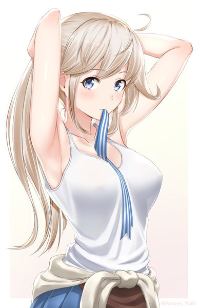 Anime picture 922x1432 with granblue fantasy cucouroux (granblue fantasy) futami (mg42fw190d) single long hair tall image looking at viewer blush fringe breasts blue eyes simple background blonde hair hair between eyes large breasts holding signed payot upper body ahoge