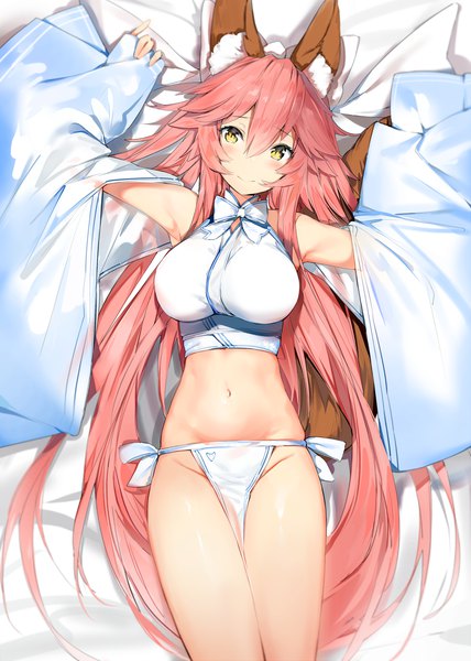 Anime picture 1500x2100 with fate (series) fate/extra tamamo (fate) (all) tamamo no mae (fate) silver (chenwen) single tall image looking at viewer blush fringe breasts light erotic smile hair between eyes animal ears yellow eyes payot pink hair tail lying