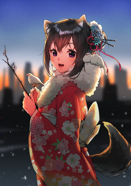 Anime picture 1003x1416 with original itohana single tall image looking at viewer blush fringe short hair open mouth black hair smile purple eyes holding animal ears sky upper body tail long sleeves traditional clothes :d