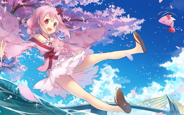 Anime picture 1600x1000 with original fred04142 long hair looking at viewer blush open mouth blue eyes pink hair sky cloud (clouds) braid (braids) long sleeves pink eyes hair flower wind wide sleeves cherry blossoms city single braid happy