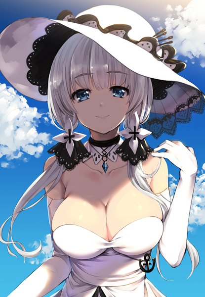 Anime picture 1314x1900 with azur lane illustrious (azur lane) akanagi youto single long hair tall image looking at viewer fringe breasts blue eyes light erotic smile hair between eyes large breasts twintails sky cleavage silver hair cloud (clouds) upper body