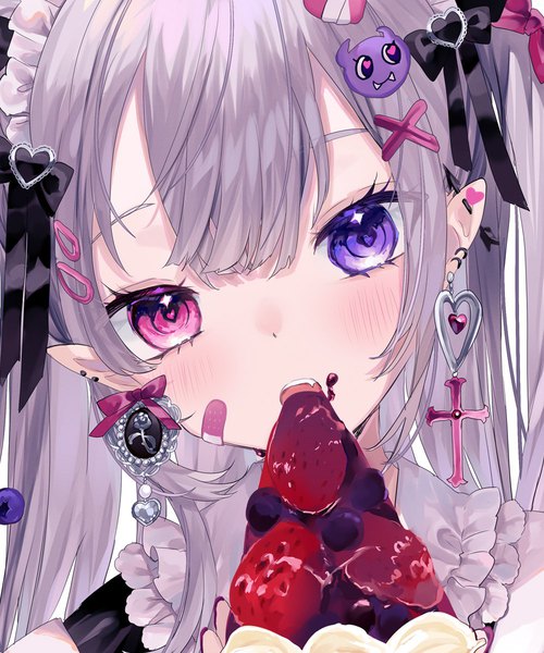 Anime picture 1000x1200 with original remimim single long hair tall image looking at viewer blush fringe open mouth hair between eyes purple eyes silver hair head tilt pink eyes pointy ears heterochromia piercing ear piercing close-up eating