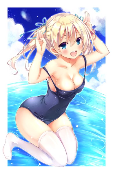 Anime picture 1000x1538 with original ryo (botugo) single long hair tall image looking at viewer blush fringe breasts open mouth blue eyes light erotic blonde hair smile hair between eyes twintails payot cleavage cloud (clouds) full body