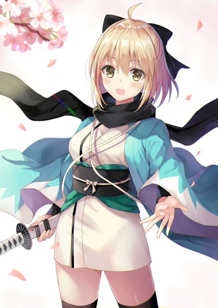 Anime picture 700x990 with fate (series) fate/grand order koha-ace okita souji (fate) (all) okita souji (koha-ace) harimoji single tall image looking at viewer blush fringe short hair open mouth blonde hair hair between eyes yellow eyes ahoge traditional clothes :d japanese clothes