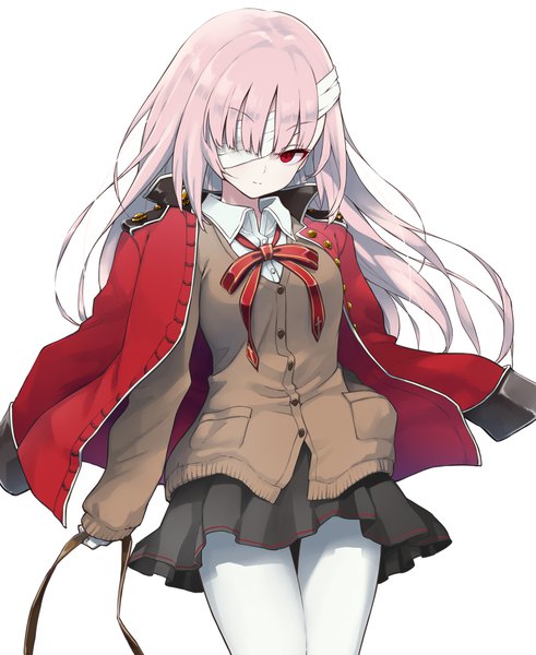 Anime-Bild 900x1100 mit fate (series) fate/grand order florence nightingale (fate) hama chon single long hair tall image looking at viewer fringe simple background red eyes standing white background holding pink hair long sleeves pleated skirt thigh gap sleeves past wrists alternate hairstyle