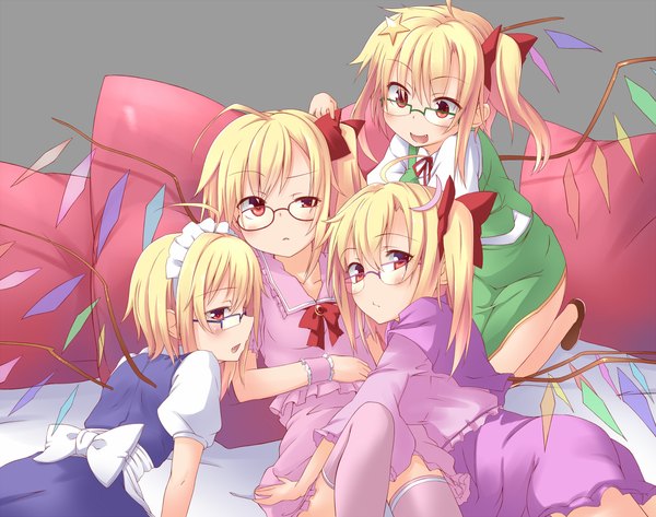 Anime picture 1318x1040 with touhou flandre scarlet spirytus tarou blush short hair open mouth blonde hair red eyes multiple girls maid one side up cosplay multiple persona bespectacled izayoi sakuya (cosplay) patchouli knowledge (cosplay) remilia scarlet (cosplay) hong meiling (cosplay) girl dress