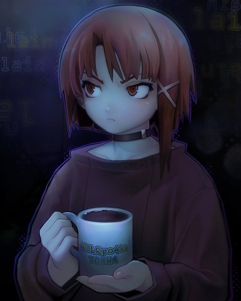 Anime picture 917x1143 with serial experiments lain iwakura lain v1v404 single tall image fringe short hair brown hair holding brown eyes signed looking away upper body long sleeves inscription alternate costume text english asymmetrical hair :<