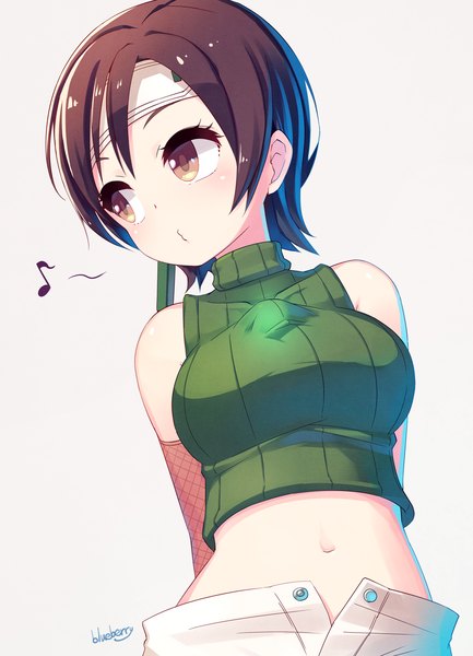 Anime picture 929x1286 with final fantasy final fantasy vii square enix yuffie kisaragi blueberry (5959) single tall image short hair simple background brown hair bare shoulders brown eyes signed looking away grey background bare belly hands behind back girl navel hairband