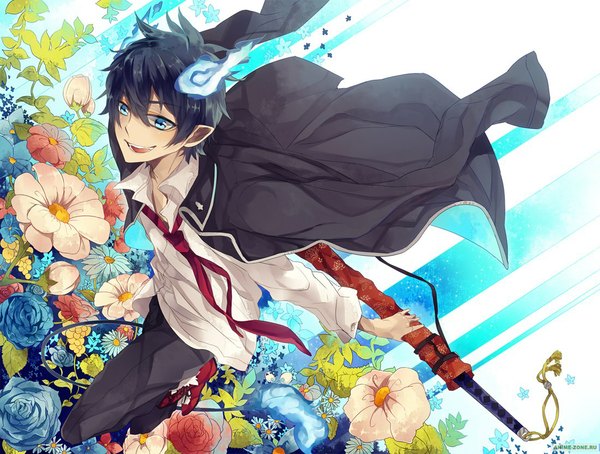 Anime picture 1100x834 with ao no exorcist a-1 pictures okumura rin single short hair blue eyes black hair pointy ears glowing open collar clothes on shoulders boy uniform flower (flowers) weapon school uniform shirt sword necktie fire