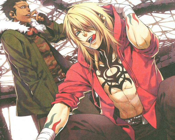 Anime picture 1280x1024 with togainu no chi nitro+chiral gunji (tnc) kiriwar (tnc) fringe short hair open mouth blue eyes black hair blonde hair hair over one eye multiple boys tattoo piercing dark skin scar hand in pocket smoking adjusting hood boy