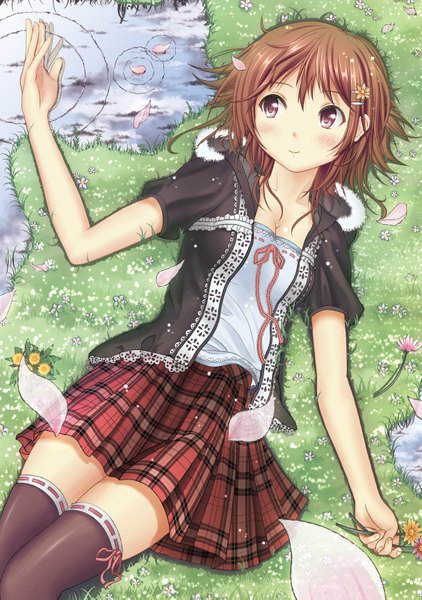 Anime picture 2425x3445 with original fuyu urara single tall image blush highres short hair smile red eyes brown hair absurdres cloud (clouds) lying reflection girl thighhighs skirt black thighhighs miniskirt petals