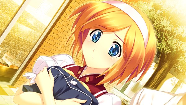 Anime picture 1024x576 with yasashii mahou no tonaekata short hair blue eyes blonde hair wide image game cg girl uniform school uniform hairband