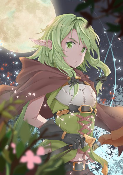 Anime-Bild 1400x2000 mit goblin slayer! high elf archer (goblin slayer!) amco single long hair tall image looking at viewer fringe breasts hair between eyes standing holding green eyes payot upper body outdoors green hair pointy ears blurry night
