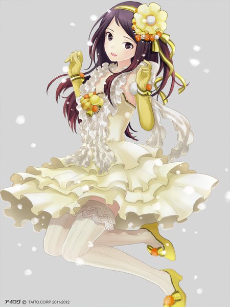 Anime picture 640x853 with ilog taki mayumi occhan single long hair tall image looking at viewer open mouth black hair simple background brown hair brown eyes bent knee (knees) multicolored hair hair flower grey background gradient hair girl thighhighs dress