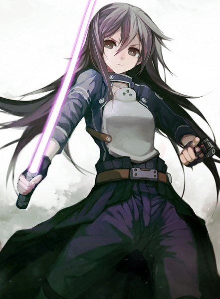 Anime picture 736x1000 with sword art online a-1 pictures kirigaya kazuto zen33n single long hair tall image looking at viewer simple background white background grey hair grey eyes boy gloves weapon sword belt armor fingerless gloves gun