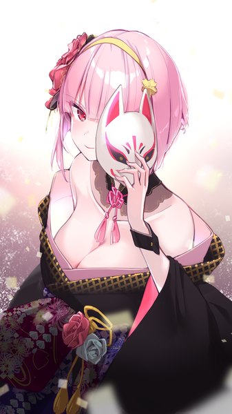 Anime picture 1000x1778 with virtual youtuber hololive hololive english mori calliope mori calliope (new year) yuyaiyaui single tall image looking at viewer short hair breasts light erotic large breasts pink hair cleavage traditional clothes japanese clothes pink eyes from above official alternate costume