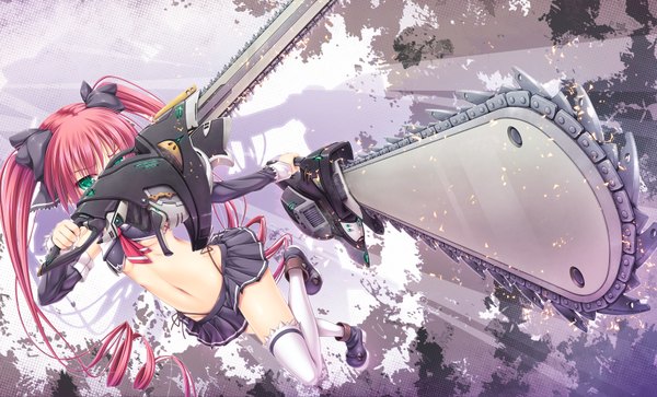 Anime picture 1650x1000 with original corvette (ko ru) long hair light erotic wide image twintails green eyes pink hair drill hair girl thighhighs navel weapon detached sleeves miniskirt white thighhighs chainsaw