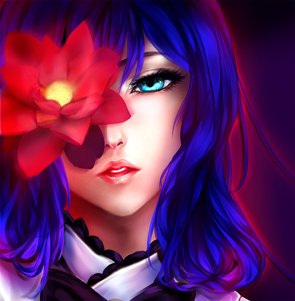 Anime picture 1406x1437 with gates of sirona carnation von helgrinde yuuike single long hair tall image looking at viewer fringe blue eyes simple background purple hair parted lips lips purple background girl flower (flowers)