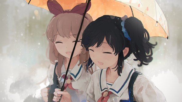 Anime picture 1920x1080 with aikatsu! hoshimiya ichigo kiriya aoi imago long hair highres black hair blonde hair wide image multiple girls ponytail eyes closed wallpaper side ponytail happy rain shared umbrella girl uniform ribbon (ribbons)