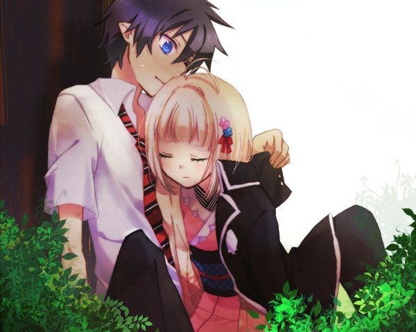 Anime picture 1024x819 with ao no exorcist a-1 pictures okumura rin moriyama shiemi short hair blue eyes black hair blonde hair eyes closed traditional clothes pointy ears open collar girl boy necktie