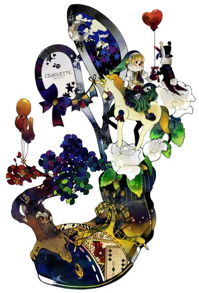 Anime picture 1800x2650 with original white rabbit rinju umisu tall image highres blonde hair white background single shoe clown flower (flowers) bow plant (plants) animal tree (trees) bunny card (cards) balloon top hat horse scissors