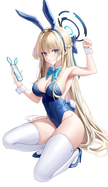 Anime picture 920x1580 with blue archive toki (blue archive) toki (bunny) (blue archive) melt (melt out1) single tall image looking at viewer fringe breasts blue eyes light erotic simple background blonde hair hair between eyes large breasts white background animal ears full body tail very long hair