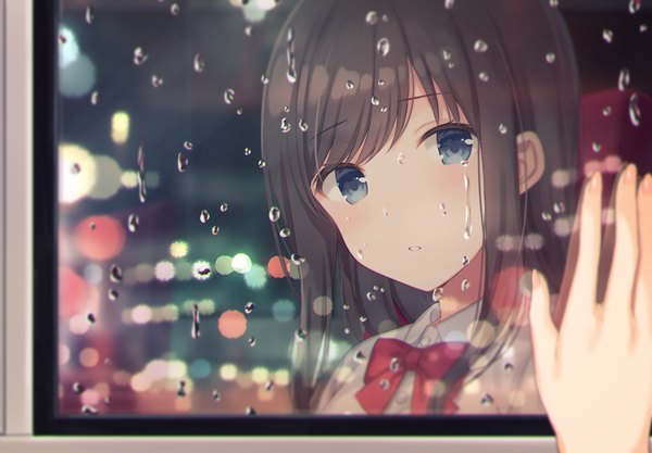 Anime picture 1200x834 with original shiromikan single long hair looking at viewer blush fringe blue eyes black hair upper body parted lips blurry reflection pov female pov girl shirt window white shirt bowtie