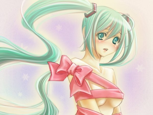 Anime picture 1024x768 with vocaloid hatsune miku looking at viewer blush twintails aqua eyes aqua hair naked ribbon girl
