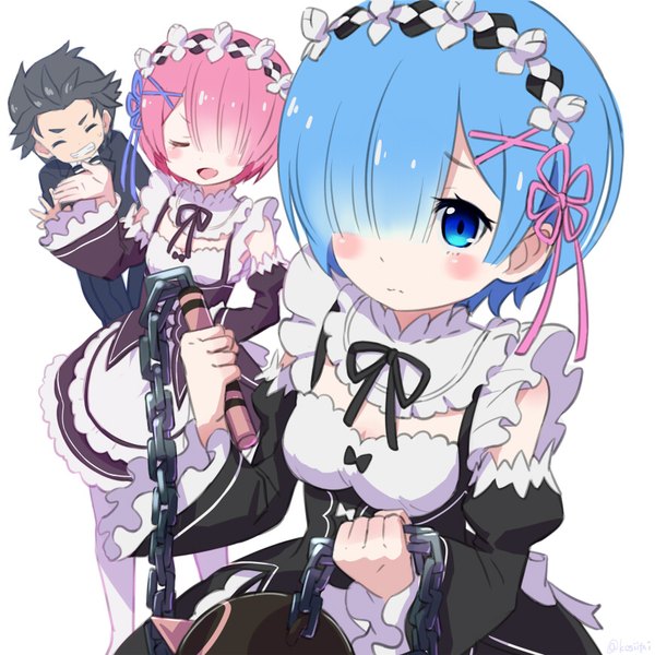 Anime picture 867x867 with re:zero kara hajimeru isekai seikatsu white fox rem (re:zero) ram (re:zero) natsuki subaru kingin looking at viewer blush fringe short hair breasts open mouth blue eyes black hair simple background smile standing white background multiple girls holding