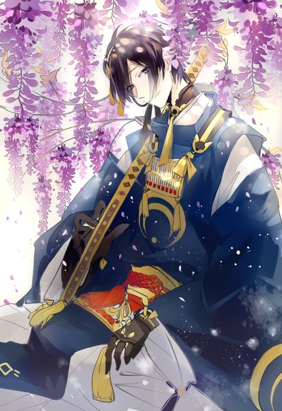 Anime picture 750x1090 with touken ranbu nitroplus mikazuki munechika nanobe single tall image looking at viewer fringe short hair smile sitting purple eyes purple hair traditional clothes head tilt japanese clothes wide sleeves sheathed boy gloves