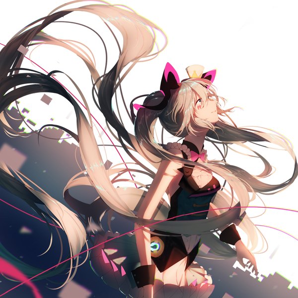 Anime picture 1750x1750 with vocaloid magical mirai (vocaloid) hatsune miku magical mirai miku magical mirai miku (2019) re:rin single fringe highres blue eyes simple background hair between eyes brown hair white background twintails bare shoulders very long hair sleeveless floating hair facial mark