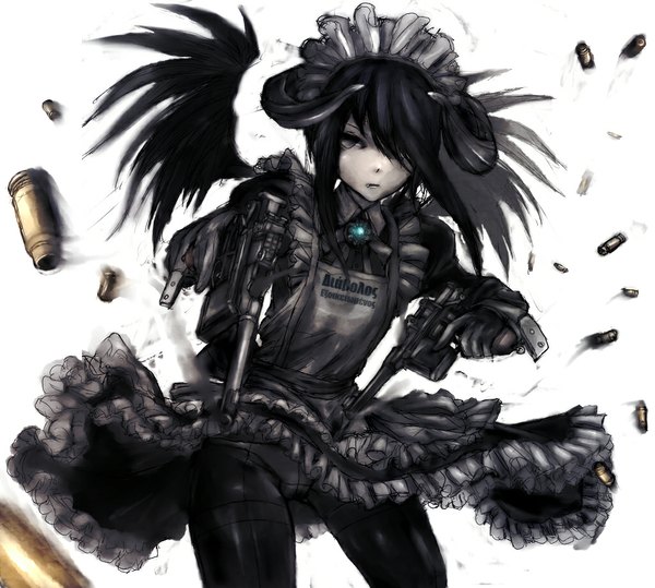 Anime picture 1024x920 with tagme (copyright) panzer single long hair looking at viewer fringe black hair simple background standing white background holding horn (horns) grey eyes smoke girl dress gloves weapon pantyhose wings
