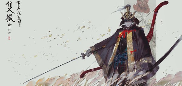 Anime picture 1920x906 with sekiro: shadows die twice from software genichiro ashina d d (a928011824) single looking at viewer highres black hair wide image standing holding traditional clothes japanese clothes black eyes hieroglyph samurai boy weapon sword katana