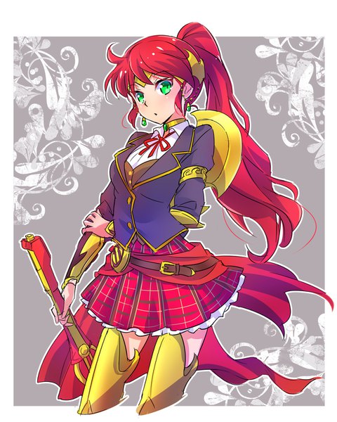 Anime picture 1280x1600 with rwby rooster teeth pyrrha nikos iesupa single long hair tall image looking at viewer simple background green eyes ponytail red hair grey background zettai ryouiki plaid skirt plaid floral background holding arm outline girl