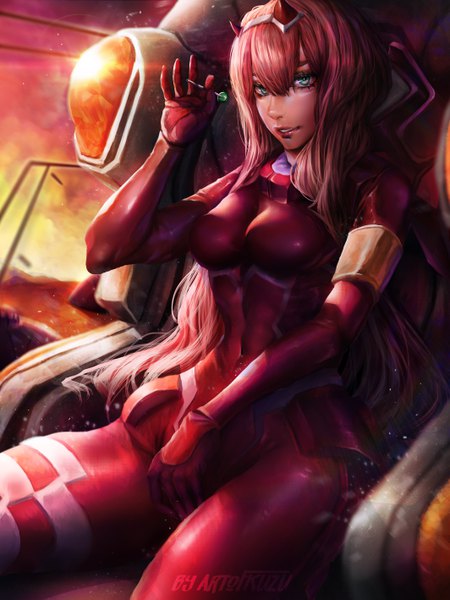 Anime picture 4252x5669 with darling in the franxx studio trigger zero two (darling in the franxx) artofkuzu single long hair tall image looking at viewer fringe highres breasts hair between eyes sitting holding signed pink hair absurdres parted lips horn (horns) aqua eyes