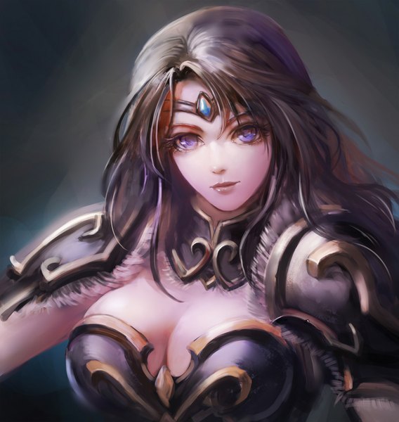 Anime picture 1000x1056 with league of legends sivir (league of legends) turewindwalker single long hair tall image looking at viewer breasts black hair simple background large breasts purple eyes cleavage light smile lips realistic black background close-up girl armor