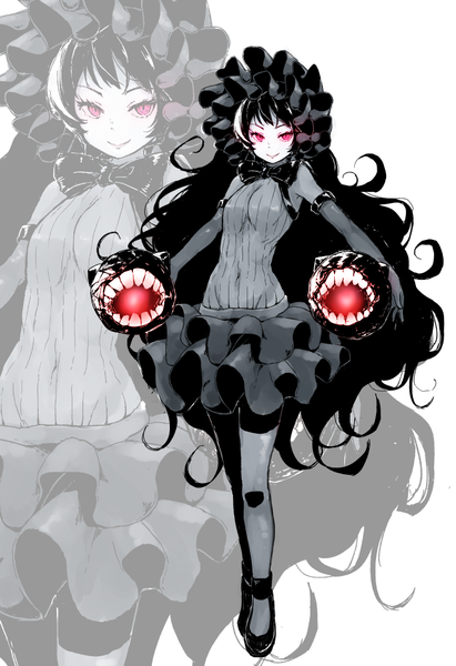 Anime picture 685x1000 with kantai collection isolated island hime fudechin single tall image looking at viewer fringe black hair simple background smile white background very long hair pink eyes sleeveless covered navel lolita fashion zoom layer goth-loli white skin shinkaisei-kan
