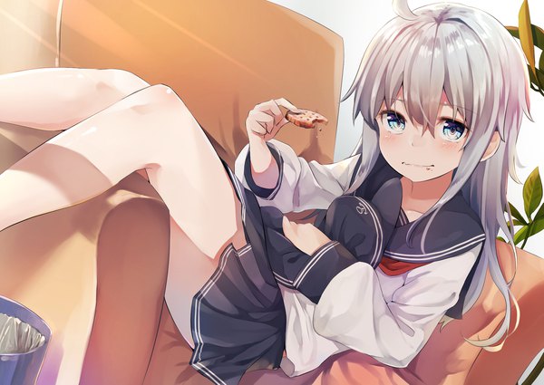 Anime picture 2039x1447 with kantai collection hibiki destroyer taisho (gumiyuki) single long hair looking at viewer blush fringe highres blue eyes hair between eyes sitting silver hair ahoge indoors pleated skirt sunlight loli eating reclining